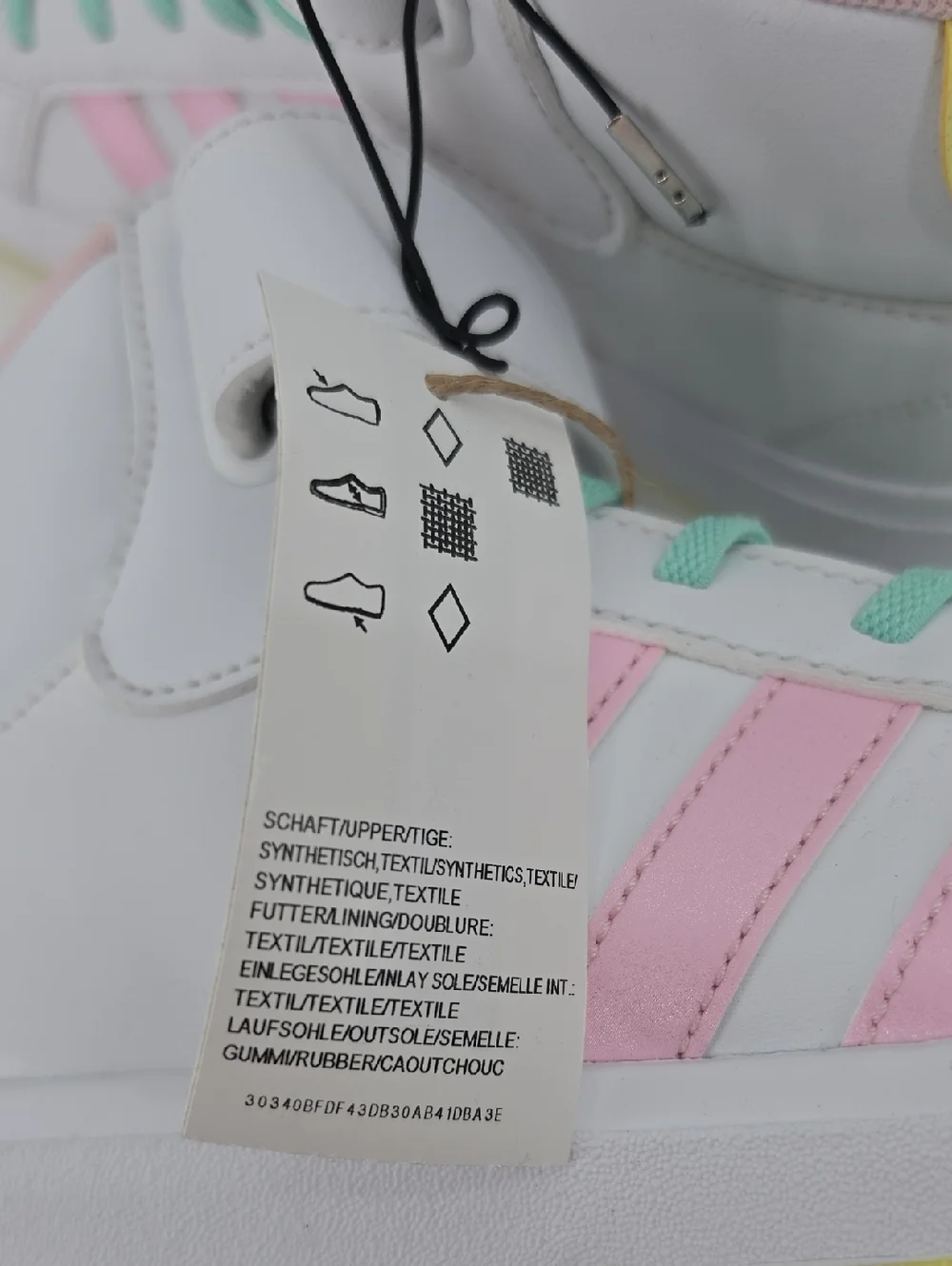 Adidas High-Top Sneakers in White with Pink Stripes and Mint Laces Y 5.5 W 7.5